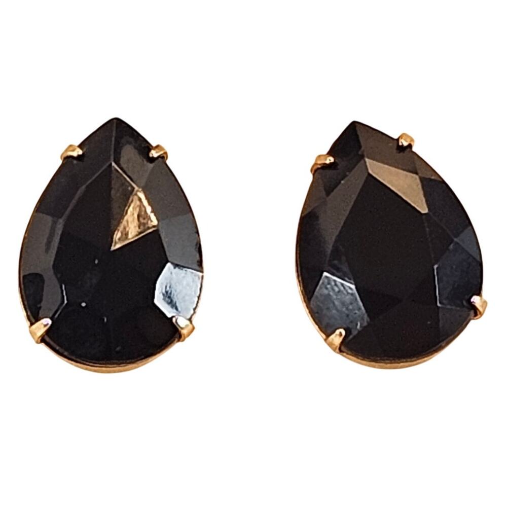 Black Faceted Teardrop Stud Earrings Gold Tone Fashion Jewelry .75" Jewelry